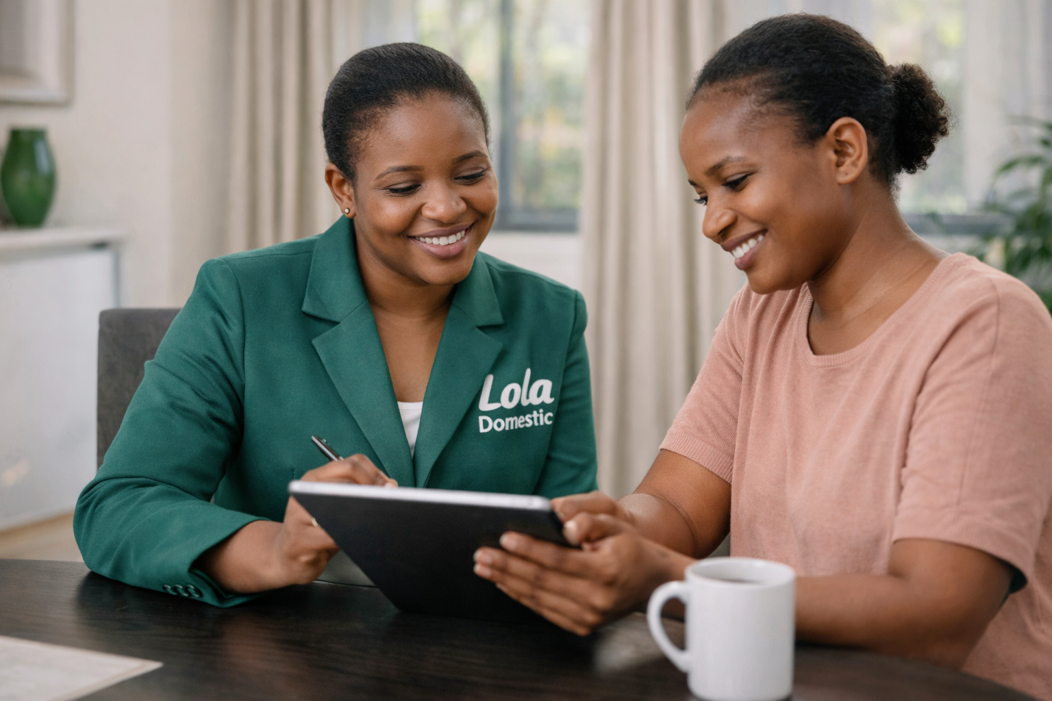 Lola Domestic executive discussing safe nanny hiring with a client in a Kenyan home